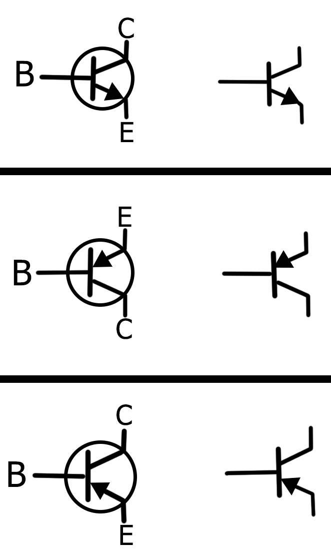 نماد های ترانزیستور های NPN (بالا) و PNP (مرکز و پایین)